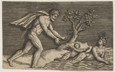 Ein nackter Mann verfolgt eine Najade und einen Amor ins Wasser, ca. 1515-27 von Marco Dente