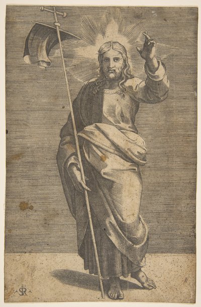 Christus steht nach vorne gerichtet, hält ein Kreuz mit einem Banner und erhebt seine linke Hand von Marco Dente