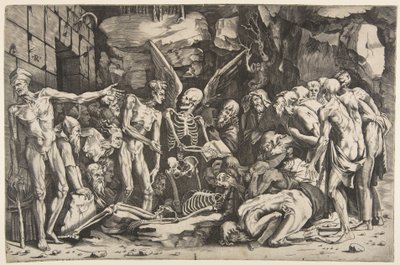 Die Skelette, eine Gruppe abgemagerter Männer und Frauen versammelt um ein Skelett..., 1515-27 von Marco Dente
