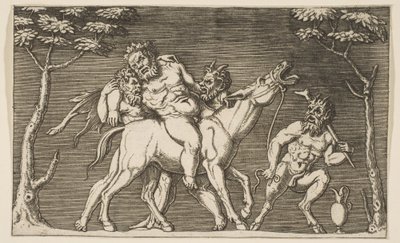 Zwei Satyrn setzen Silenus auf ein schreiendes Maultier und ein dritter Satyr rechts, ca. 1515-27 von Marco Dente