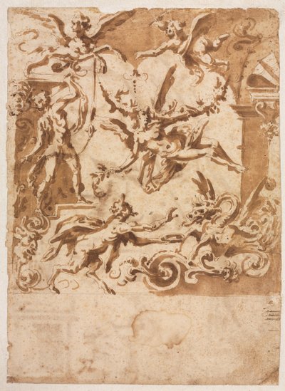 Groteske mit einem Satyr, der einen Drachen füttert (recto), Groteske mit einem springenden Zentaur (verso), um 1565-158 von Marco Marchetti
