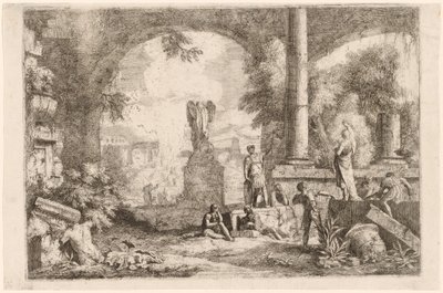 Capriccio antiker Ruinen mit Männern, die einen klassischen Redner betrachten von Marco Ricci