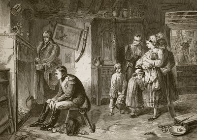 Napoleon sucht nach seiner Niederlage bei Waterloo Ruhe in einem Straßenhaus, graviert von J.D. Cooper von Marcus Stone