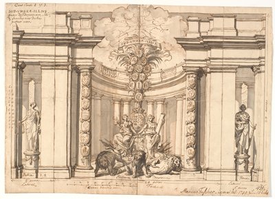 Das Innere eines Tempels mit dem dänischen Wappen und dem Stammbaum der Oldenburger Könige von Marcus Tuscher