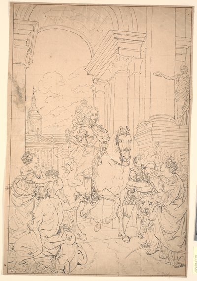 Entwurf für das Gemälde: Dänemark und Norwegen huldigen Chr. VI (verbrannt mit Christiansborg 1794) von Marcus Tuscher