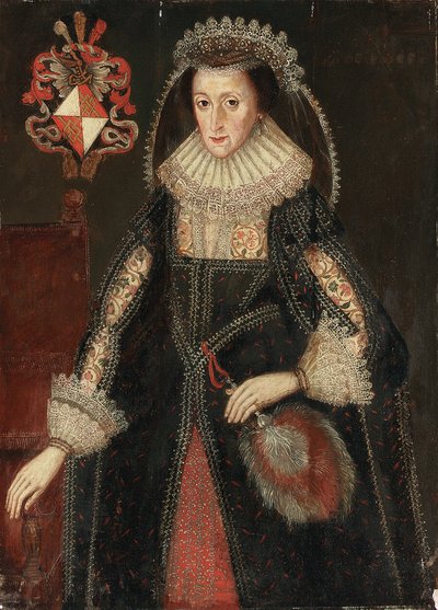 Porträt von Lady Eleanor Dutton, Dreiviertellänge, in eleganter Kleidung, neben einem Stuhl stehend, beschriftet mit dem Wappen der Familie Dutton aus Cheshire und Gloucestershire von Marcus the Younger Gheeraerts