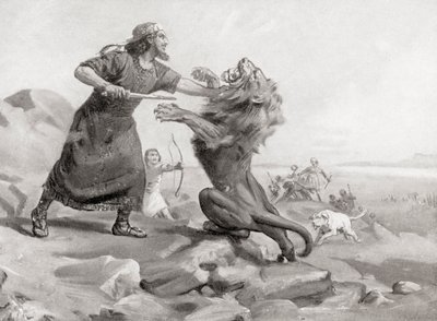 Tiglath-Pileser tötet einen Löwen, aus Hutchinsons Geschichte der Nationen, veröffentlicht 1915 von Margaret (after) Dovaston