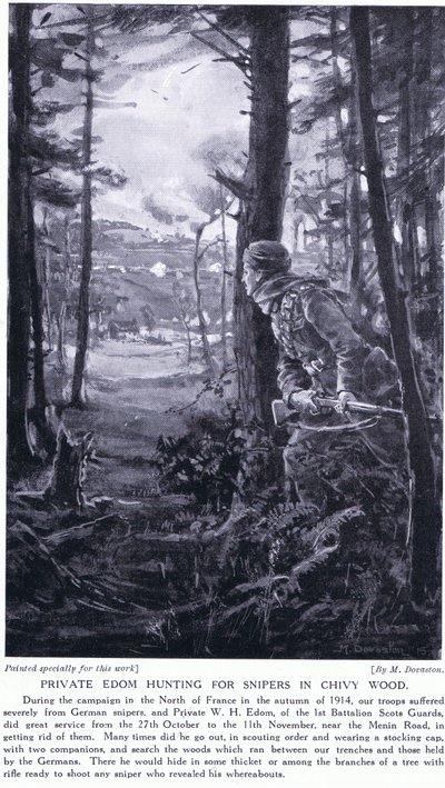 Private Edom jagt Scharfschützen im Chivy-Wald, Herbst 1914 von Margaret Dovaston