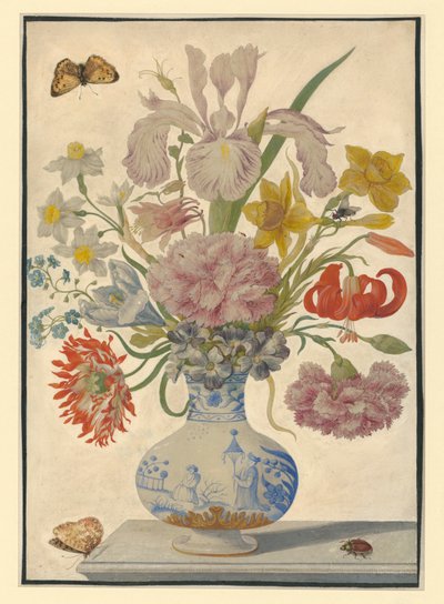 Chinesische Vase mit Iris, Lilien und Nelken. Auf dem Tisch links ein Schmetterling, rechts ein Maikäfer von Maria Sibylla Merian