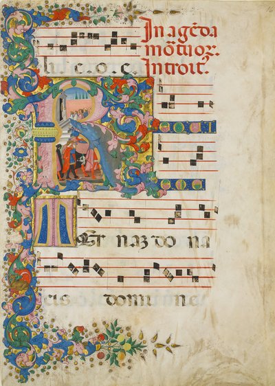 Manuskriptblatt mit einem Trauerzug in einem Initial R, aus einem Graduale von Mariano del Buono