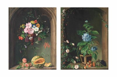 Kapuzinerkresse, Winde, Geranien, Petunien und andere Blüten in einem Krug unter einem Bogen über Pfirsichen und einer Melone; und Hortensien, Rosen, Efeu, Trauben und andere Blüten in einem Bogen von Marie Auersperg