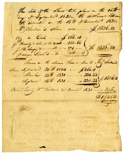 Dokument über den Verkauf von Sklaven und den Anteil, der verschiedenen Personen zusteht, November 1831 von Marie Therese Cerre Chouteau