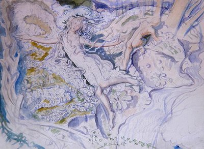 Fee schwebt mit nacktem Jüngling im Hintergrund von Mark Lancelot Symons