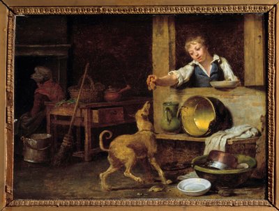 Kücheninterieur. Eine junge Dienerin gibt dem Hund die Reste. Gemälde von Martin Drolling (1752-1817) 19. Jahrhundert. Orléans, Museum der Schönen Künste von Martin Drölling