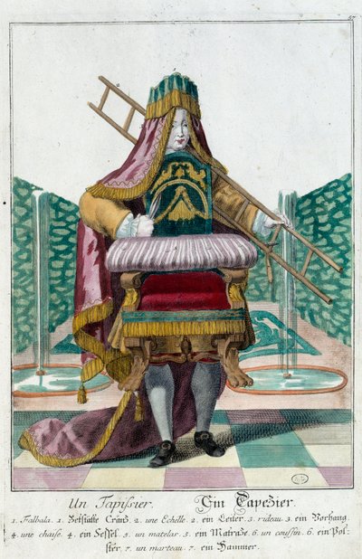 Metier: Eine Polsterei. Gravur von Martin Engelbrecht (1684-1756), in „Neue Versammlung der manouvries habilles“ 18. Jahrhundert, Deutschland. Paris, Kunstgewerbemuseum von Martin Engelbrecht