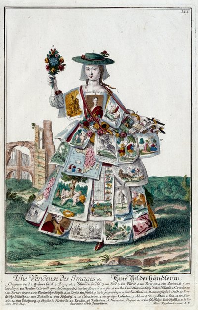 Beruf: Eine Bildverkäuferin. Kupferstich von Martin Engelbrecht, in „Neue Versammlung der Manouvries Habilles“ 18. Jahrhundert, Deutschland. Paris, Kunstgewerbemuseum von Martin Engelbrecht