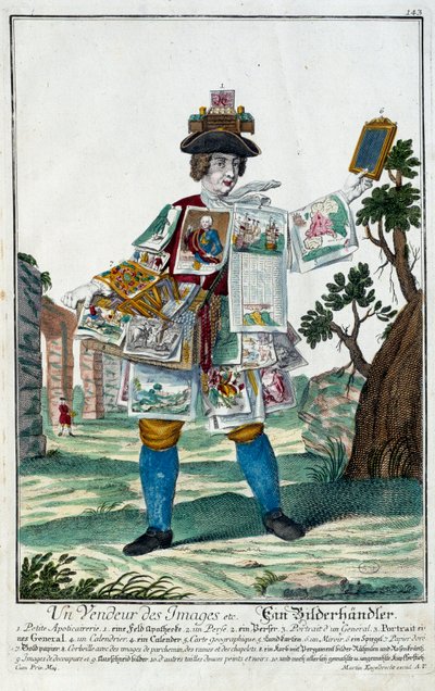 Beruf: Ein Bildverkäufer. Gravur von Martin Engelbrecht (1684-1756), in „Neue Versammlung der manouvries habilles“ 18. Jahrhundert, Deutschland. Paris, Decorative Arts von Martin Engelbrecht