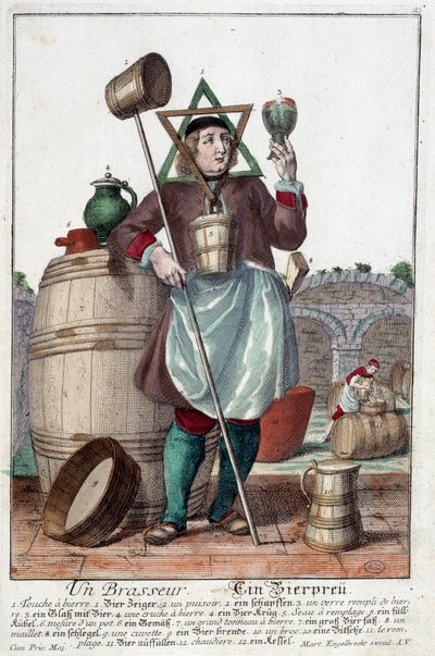 Darstellung eines Brauers mit einem Brunnen, einem Glas, einem Krug, einem Eimer, einem Fass, einem Hammer, einer Schüssel, einem Broc, einem Kessel. Gravur von Martin Engelbrecht (1684-1756) von Martin Engelbrecht