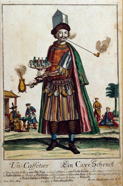 Der Kaffeekocher: ein Mann trägt einen Kaffeekocher und ein Service. Gravur von Martin Engelbrecht (1684-1756) 18. Jahrhundert Paris, dekorative Kunst von Martin Engelbrecht
