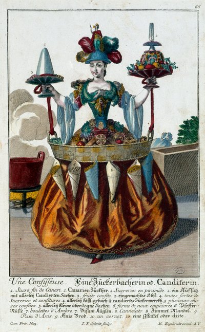 Die Konditorin: eine junge Frau hält ein Tablett mit Süßigkeiten und Konfekt. Gravur von Martin Engelbrecht (1684-1756) 18. Jahrhundert. Paris, Kunstgewerbemuseum von Martin Engelbrecht