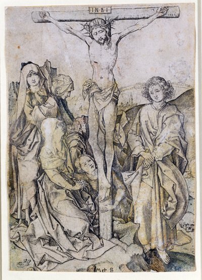 Christus am Kreuz, mit der Jungfrau und St. Johannes (Gravur) von Martin Schongauer