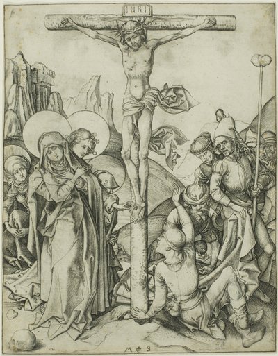 Die Kreuzigung mit den heiligen Frauen, St. Johannes und römischen Soldaten von Martin Schongauer