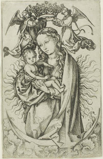 Die Madonna auf der Mondsichel, gekrönt von zwei Engeln von Martin Schongauer