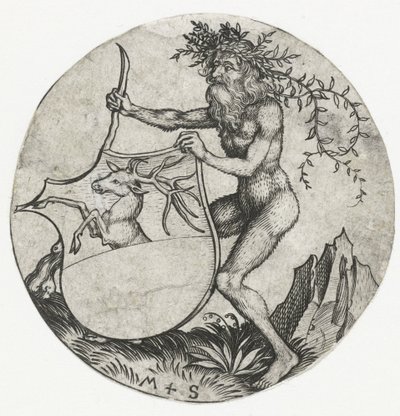 Wappen mit einem Hirsch, gehalten von einem wilden Mann mit einer Keule (Figuren mit Wappen) von Martin Schongauer