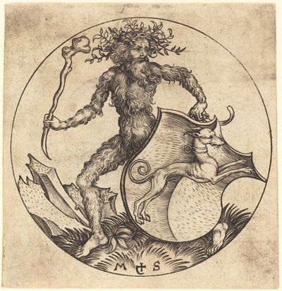 Wilder Mann hält ein Schild mit Windhund von Martin Schongauer
