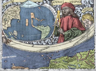 VESPUCCI, Amerigo (1454-1512). Italienischer Entdecker und Kartograph in „Waldseemüller-Karte oder Universalis Cosmographia - (Universale Kosmographie) - Waldseemüller-Planisphäre“ - 1507 von Martin Waldseemuller