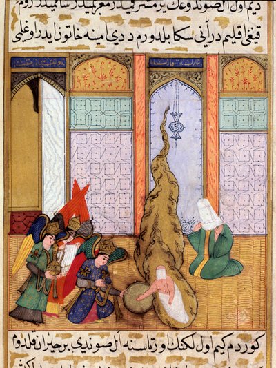 Die Geburt des Propheten Muhammad. Miniatur aus „Siyer-i Nebi“, einem epischen Gedicht über das Leben des Propheten Muhammad, geschrieben von Mustafa, Sohn von Yusuf aus Erzurum unter der Herrschaft von Murad III. (1574-1595). Miniatur von Lutfi Abdullah von Martino Bassi