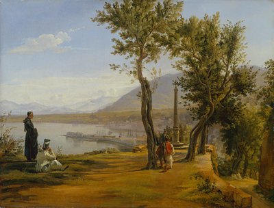 Figuren an einem Schrein, ein Hafen dahinter von Martinus Rorbye