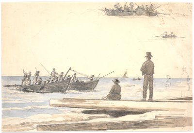 Zwei Fischerboote segeln auf den Strand von Skagen zu von Martinus Rørbye