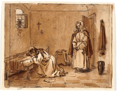 Kompositionsstudie mit einer knienden, weinenden Frau, auf dem Boden ein Brief, hinter ihr eine Nonne von Martinus Rørbye
