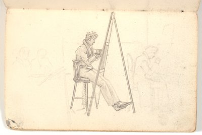 Künstler am Staffelei, sowie Skizze von Figuren im Hintergrund von Martinus Rørbye