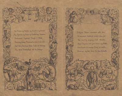 Zwei Umschläge mit verschlungenem Kettenornament mit Tieren für "Halvhundrede Fabler for Børn" mit Schrift von Martinus Rørbye