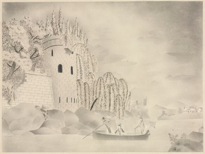 Der einsame Turm (Burg an einem Fluss mit Weiden und einem Boot) von Mary Altha Nims