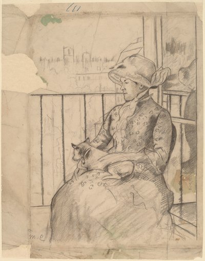 Susan auf einem Balkon mit einem Hund [recto] von Mary Cassatt