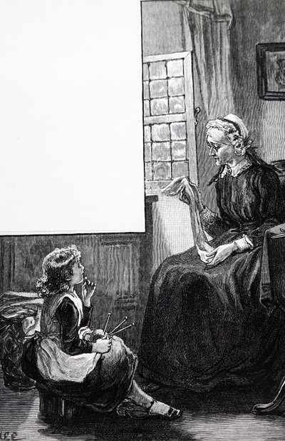 Eine Großmutter begutachtet die Strickversuche des Kindes von Mary Ellen Edwards