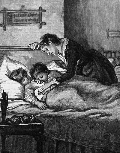 Eine Mutter überprüft ihre schlafenden Kinder von Mary Ellen Edwards