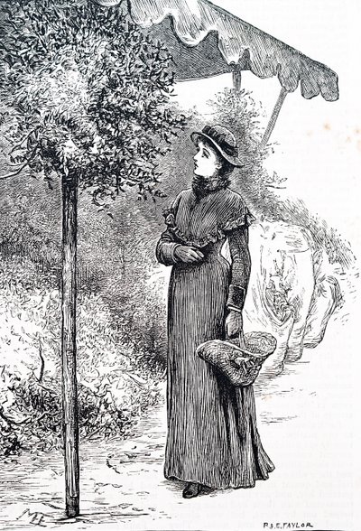 Eine Frau kauft Stechpalmen für Weihnachtsdekorationen. Von Mary Ellen Edwards (1838-1934), einer englischen Künstlerin von Mary Ellen Edwards