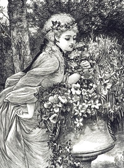 Eine Gravur, die ein junges Mädchen zeigt, das an Blumen riecht, die in einer Gartenurne untergebracht sind. Illustriert von Mary Ellen Edwards (1838-1934), einer englischen Künstlerin und Illustratorin von Kinderbüchern von Mary Ellen Edwards