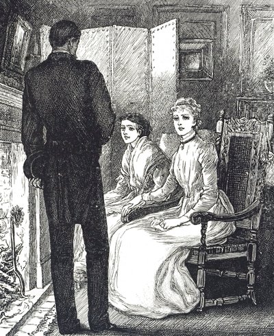 Gravur, die zwei Frauen zeigt, die sich am Kamin wärmen von Mary Ellen Edwards