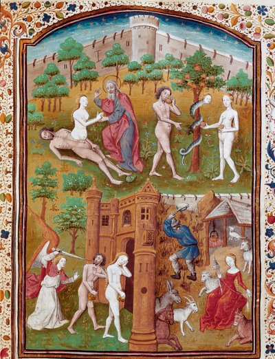 Geburt von Eva aus der Rippe Adams, Adam und Eva pflücken die verbotene Frucht und werden dann aus dem Paradies vertrieben. Miniatur aus „De casibus“ von Giovanni Boccaccio (1313-1375), italienischer Schriftsteller von Master Dunois