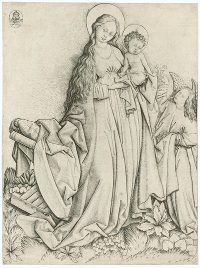 Madonna mit Engel, der Rosen gibt von Master E. S.