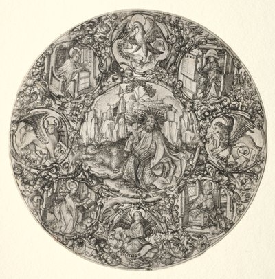 Johannes der Täufer umgeben von den Evangelisten und vier Vätern der lateinischen Kirche, 1466 von Master E. S.