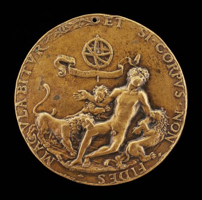 Eine Allegorie des Glaubens: Löwen verschlingen einen nackten Jüngling von Master IO.FF.