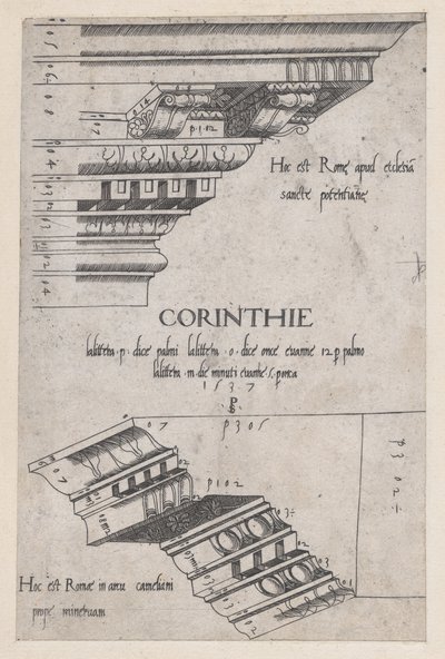 Speculum Romanae Magnificentiae: Gebälke von Santa Pudenziana und dem Bogen von Camigl..., 1537 von Master PS