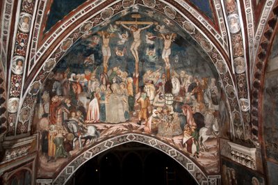 Die Kreuzigung, Fresko des Meisters von Sacro Speco, 14. Jahrhundert, Obere Kirche, Kloster von San Benedetto (Sacro Speco), Subiaco (Rom), Italien von Master Trecentesco of Sacro Speco School
