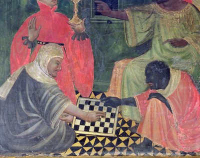 Ein Maure und ein Christ spielen Schach, aus dem Altarbild der Heiligen Nikolaus, Claire und Antonius Abt von Master of Castellitx